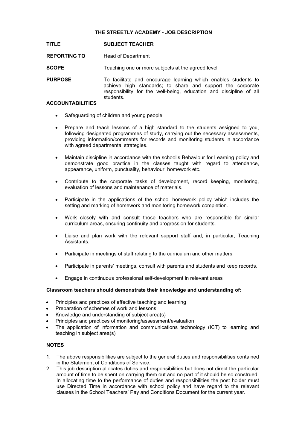 The Streetly Academy - Job Description