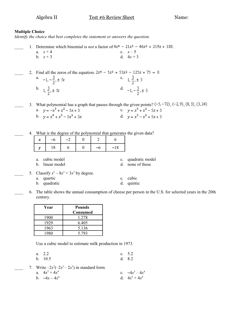 Algebra II Test #6 Review Sheet Name