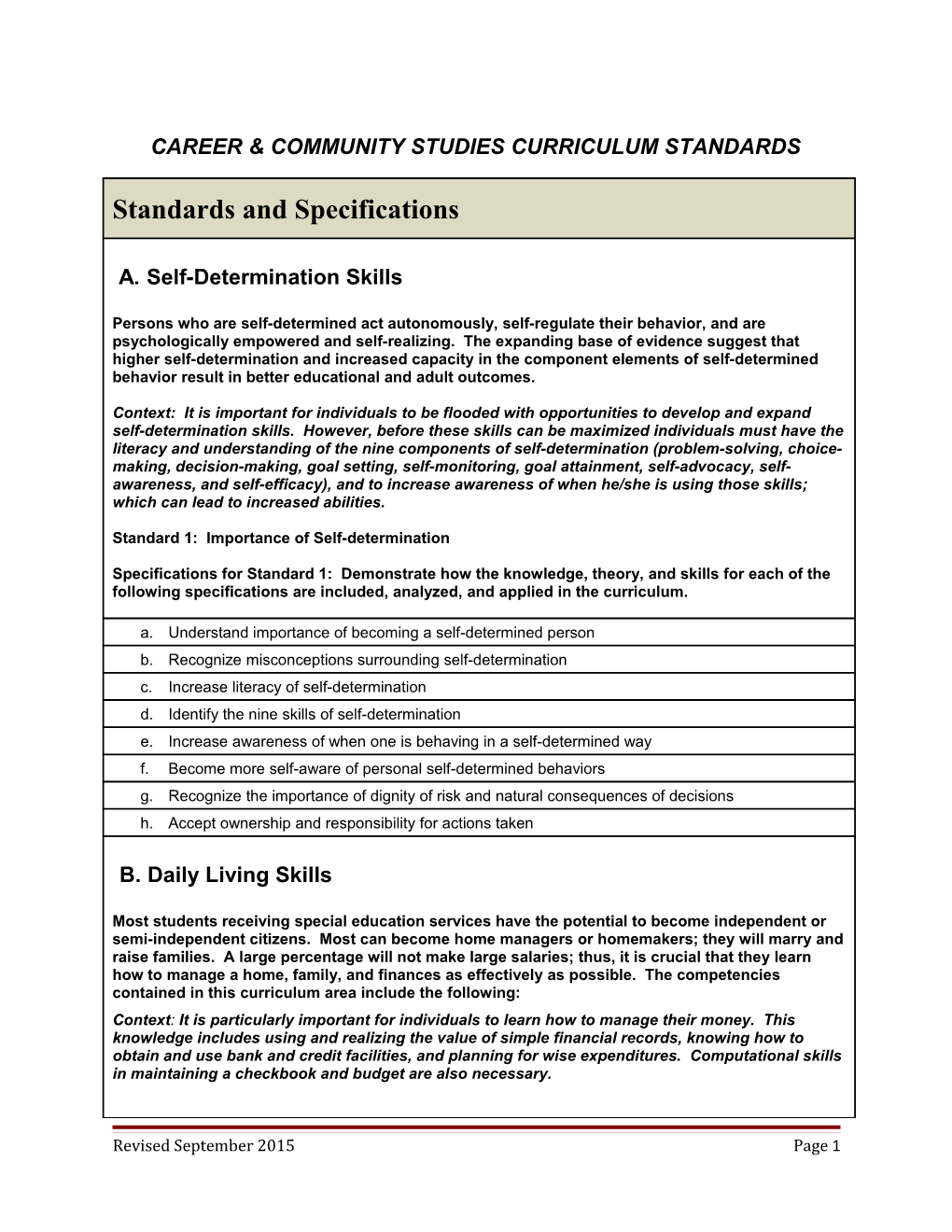 Matrix Illustrating Relationship of Required Courses to Curriculum Standards