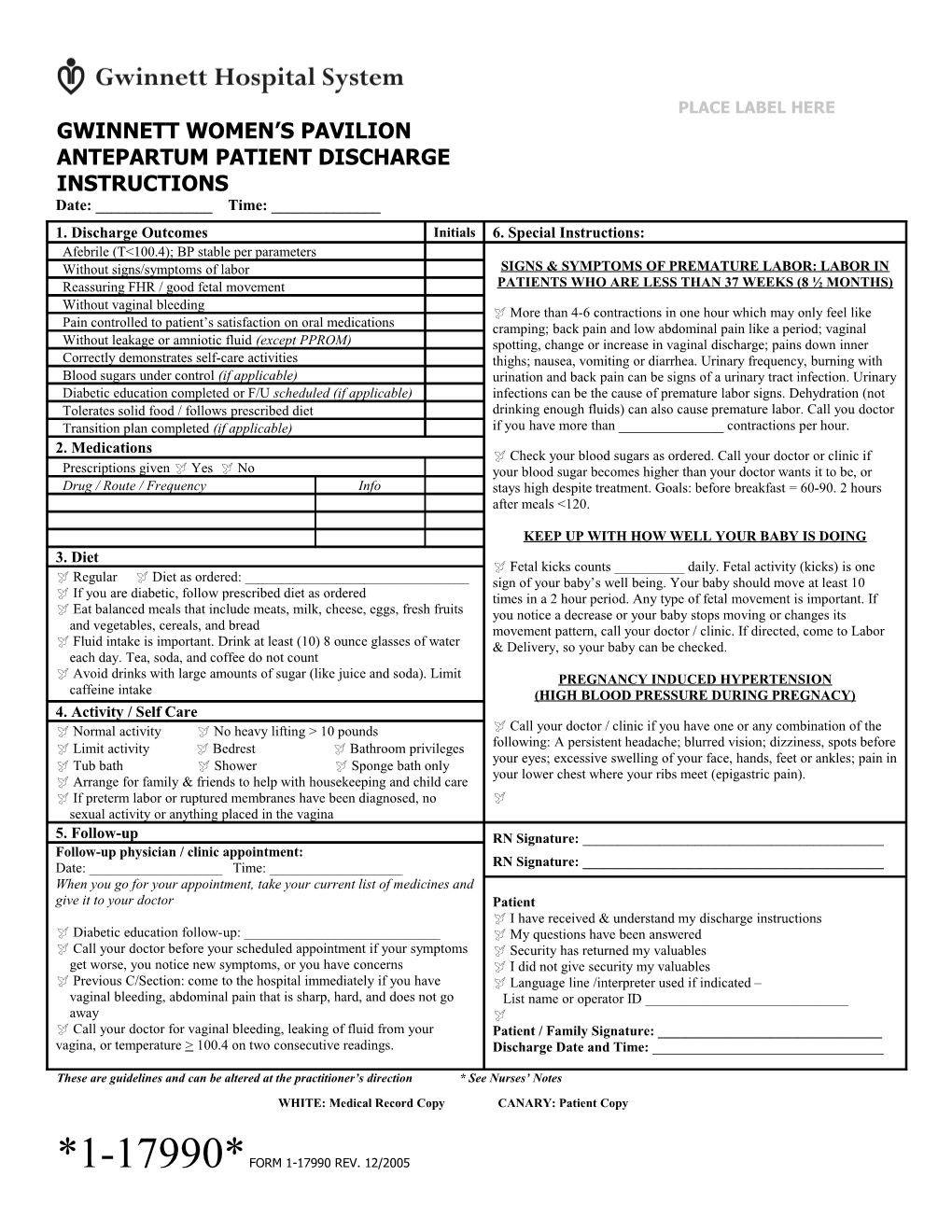 WHITE: Medical Record Copy CANARY: Patient Copy