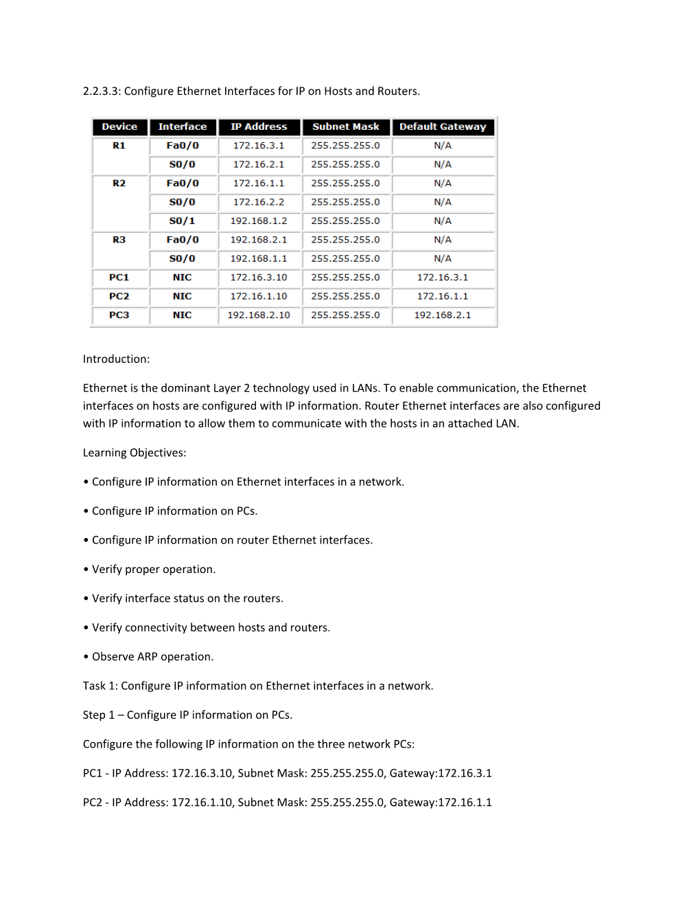 2.2.3.3: Configure Ethernet Interfaces for IP on Hosts and Routers