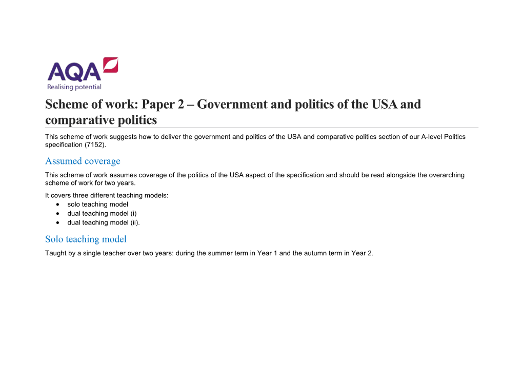 Scheme of Work: Paper 2 Government and Politics of the USA and Comparative Politics