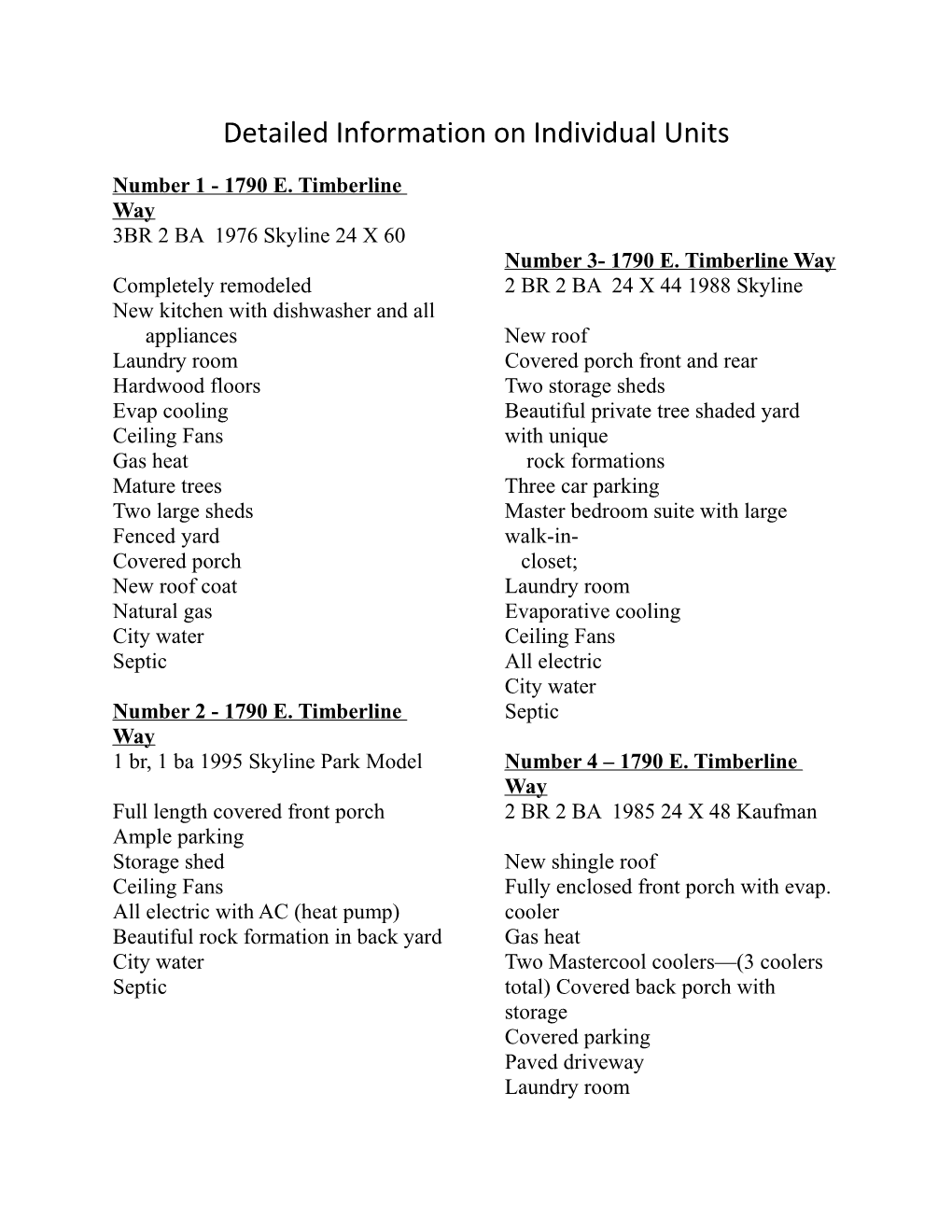 Detailed Information on Individual Units