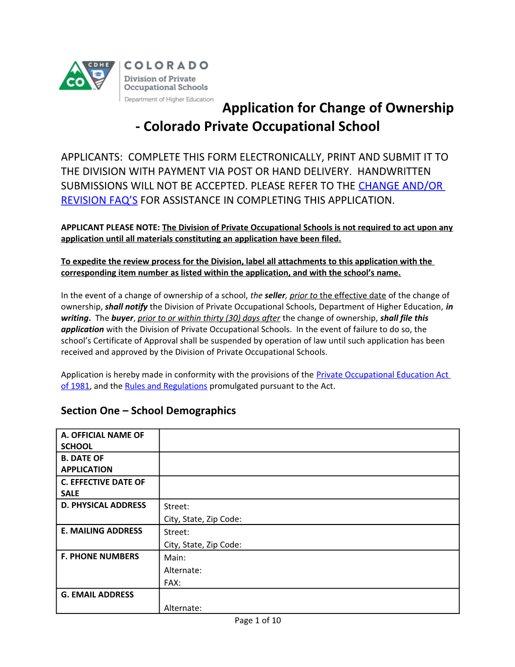 Application for Change of Ownership - Colorado Private Occupational School