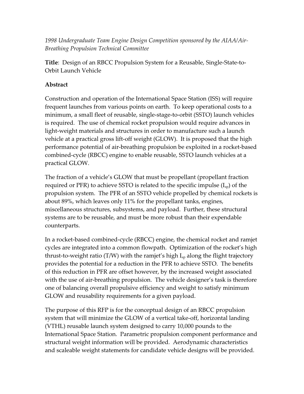 1998 Undergraduate Team Engine Design Competition Sponsored by the AIAA/Air-Breathing Propulsion