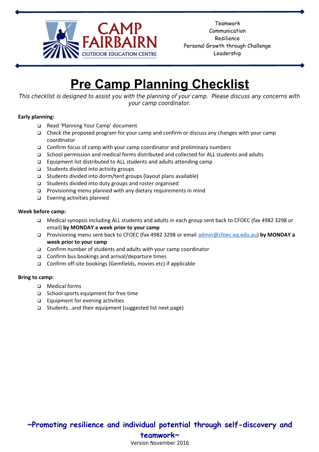 Pre Camp Planning Checklist