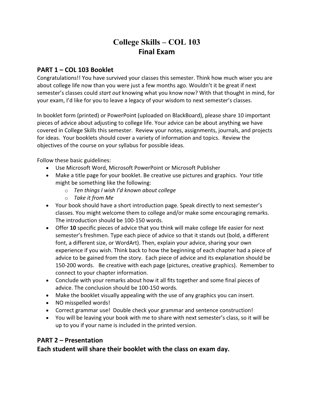 College Skills COL 103 Final Exam