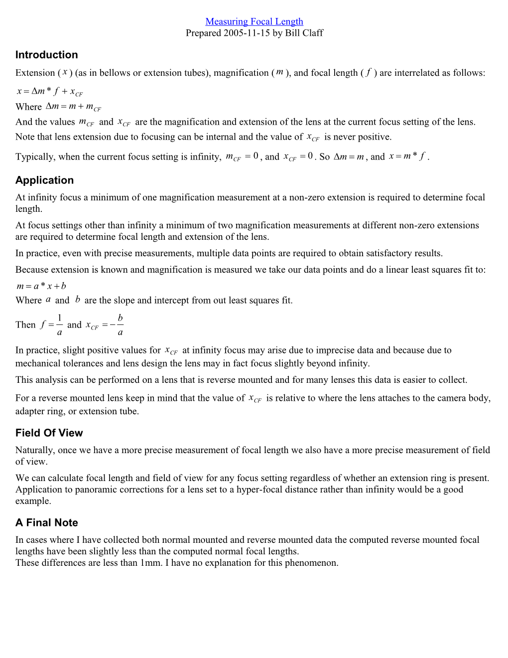 Measuring Focal Length Prepared 2005-11-15 by Bill Claff