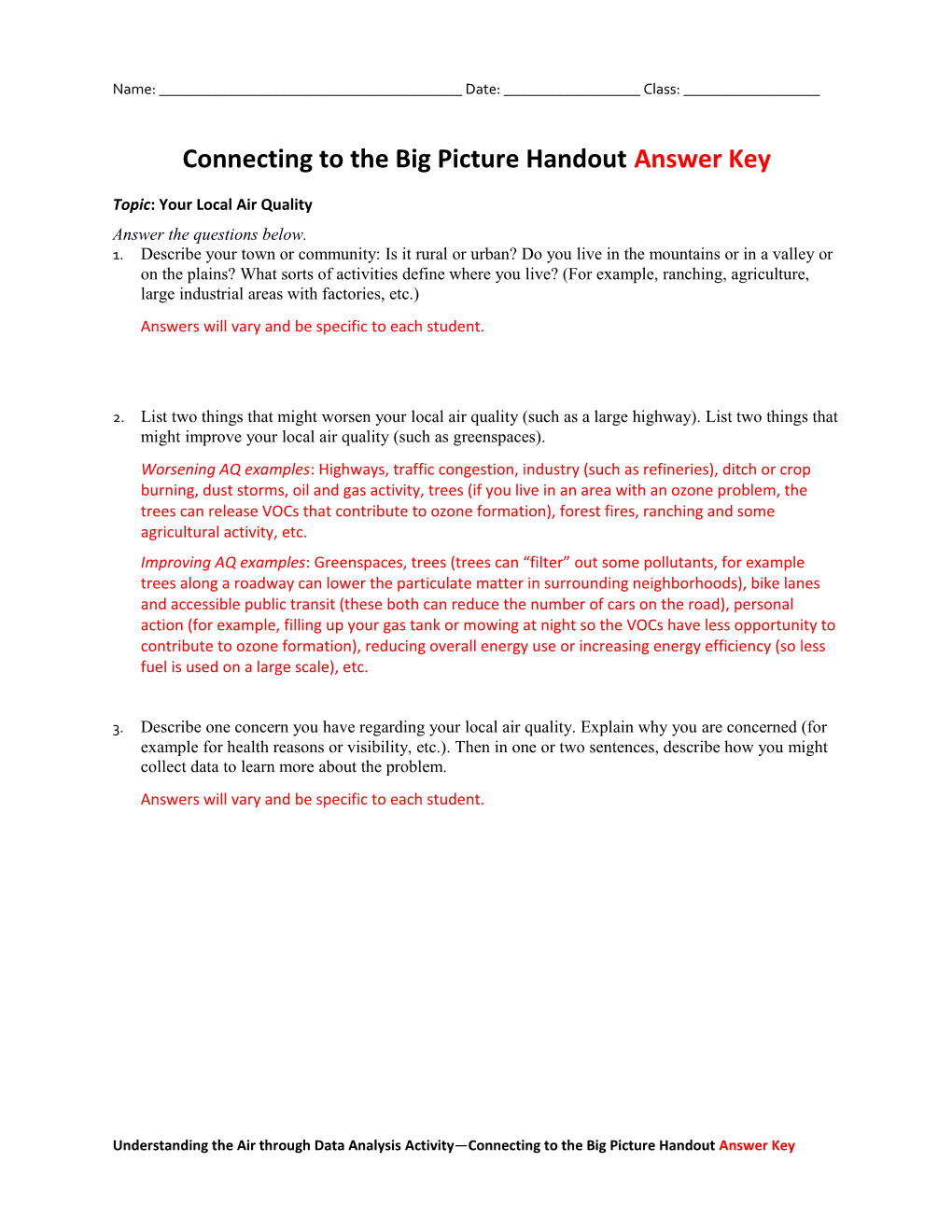 Connecting to the Big Picture Handout Answer Key