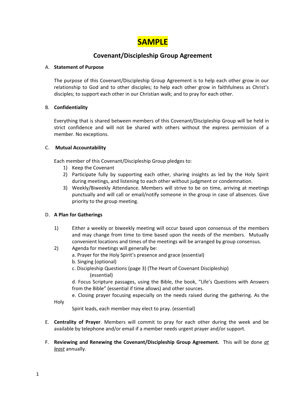 Covenant/Discipleship Group Agreement