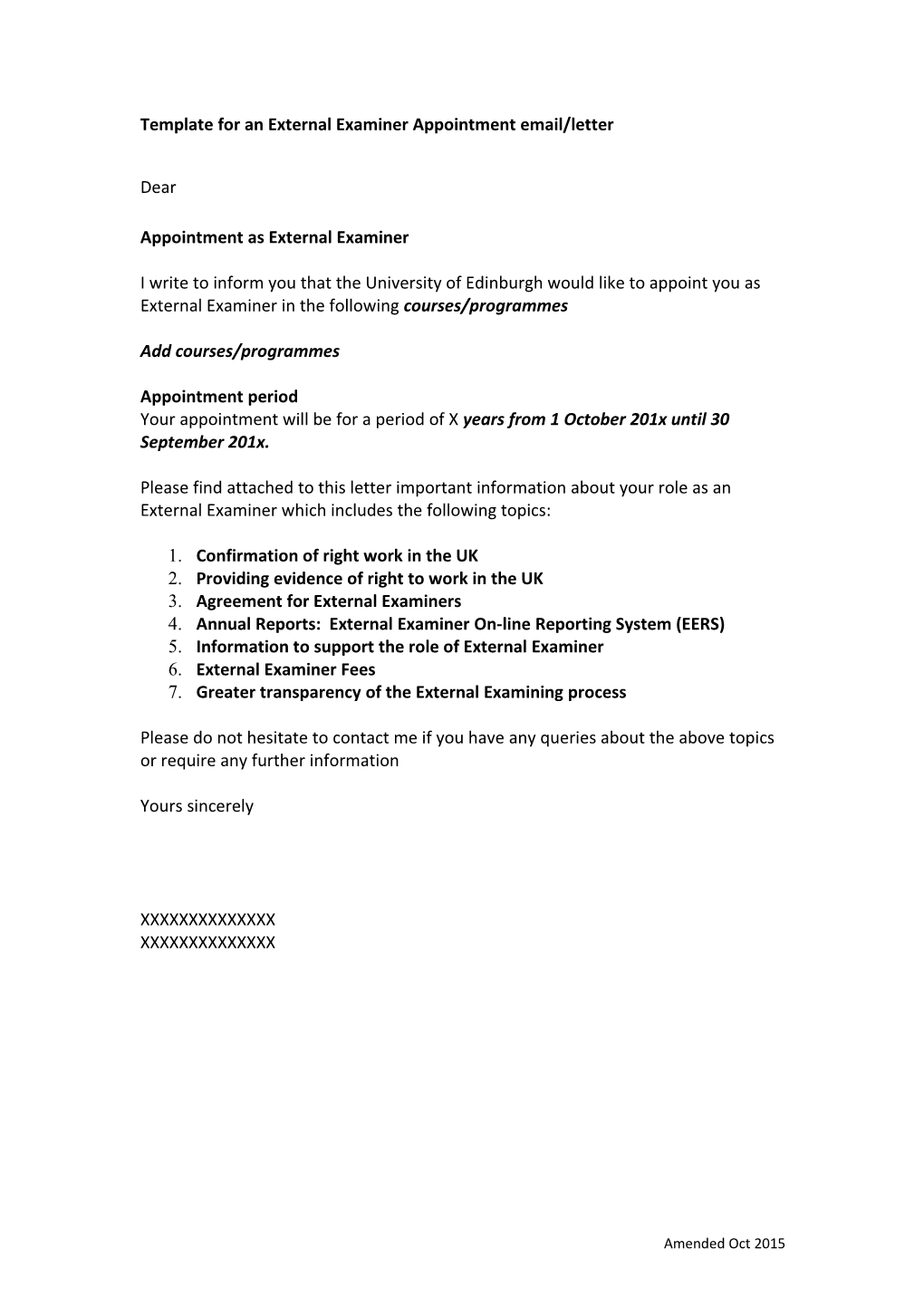 Template for an External Examiner Appointment Email/Letter