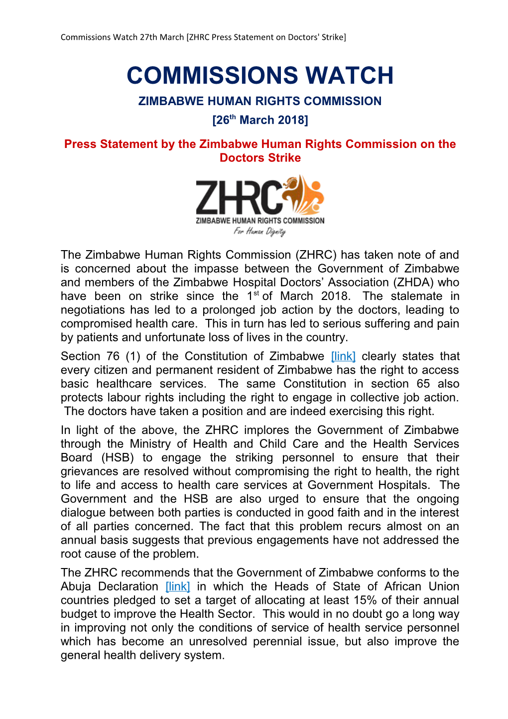 Commissions Watch 27Thmarch ZHRC Press Statement Ondoctors' Strike