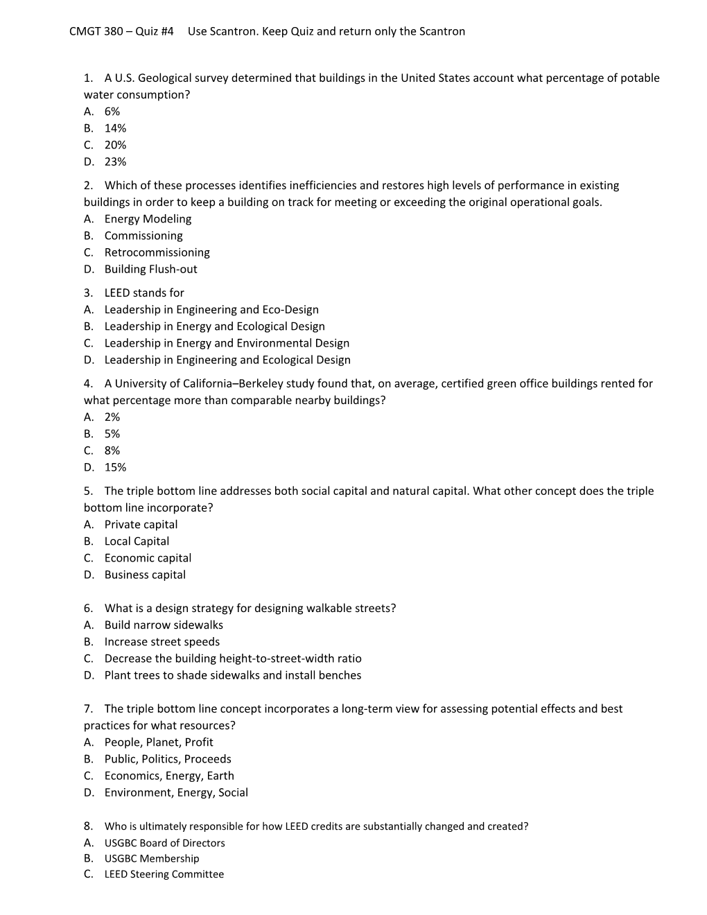 CMGT 380 Quiz #4Use Scantron. Keep Quiz and Return Only the Scantron