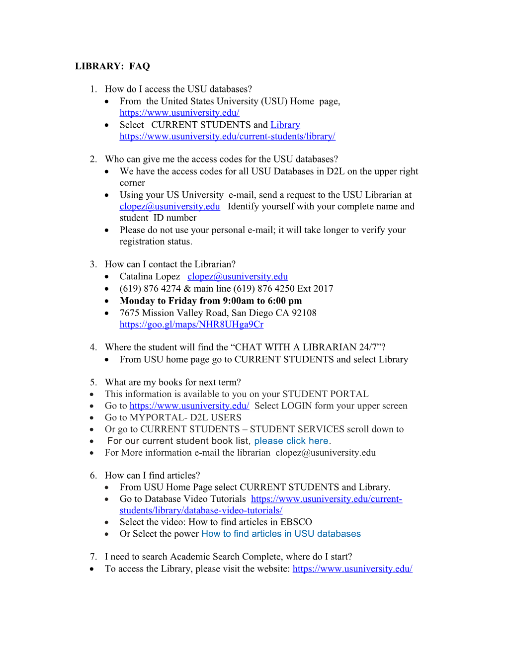 Quick Reference Points of Contacts