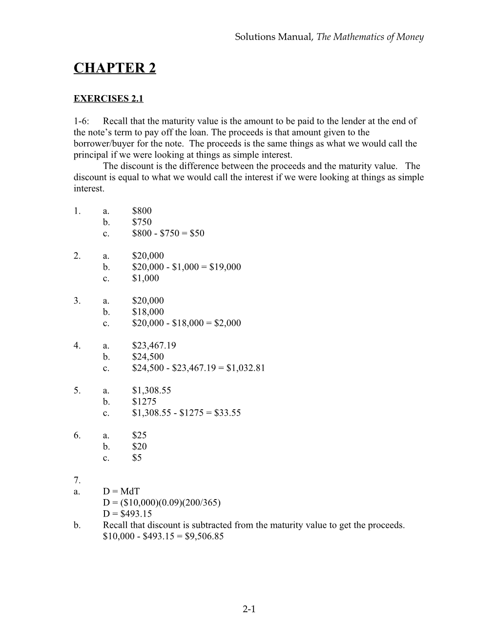 Solutions Manual, the Mathematics of Money