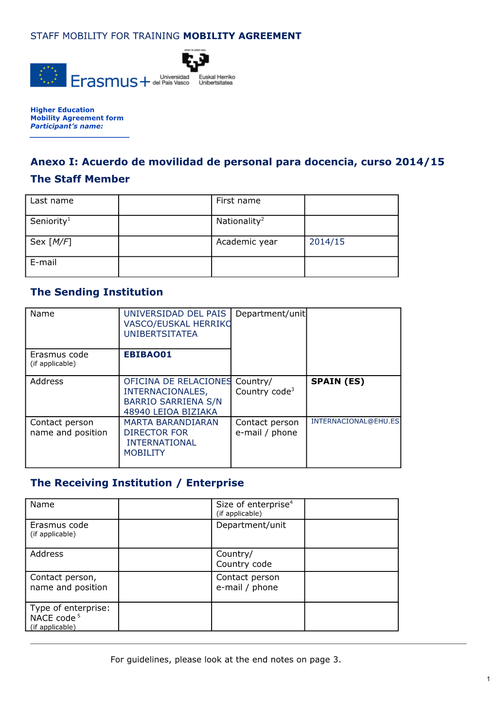 Anexo I: Acuerdo De Movilidad De Personal Para Docencia, Curso 2014/15