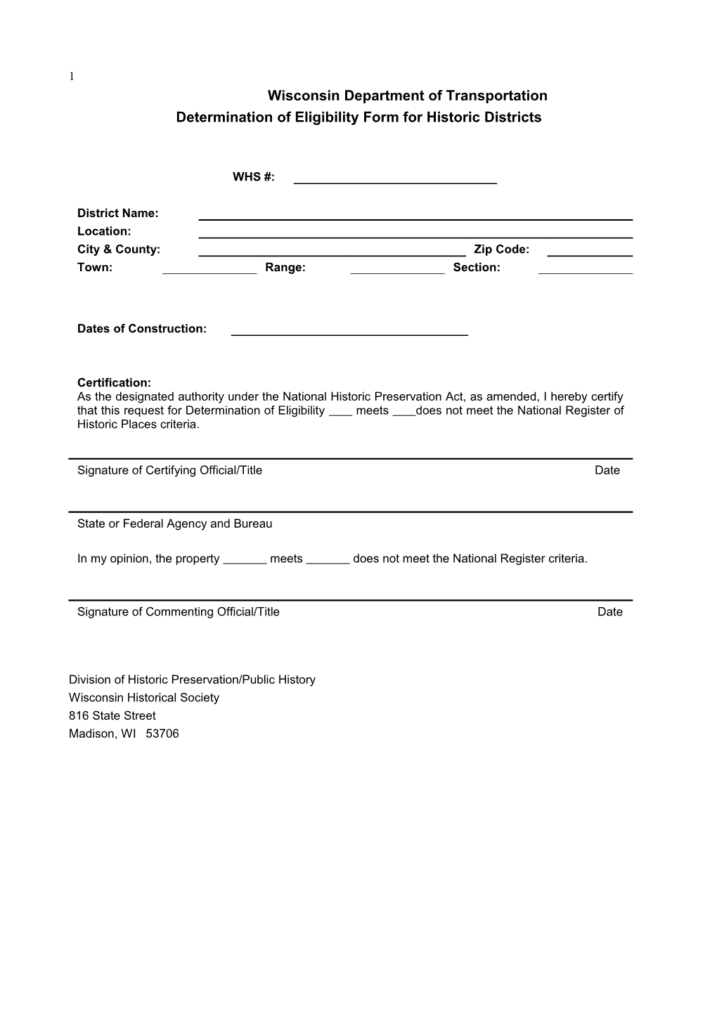 Wisconsin Department of Transportation Determination of Eligibility Form for Historic Districts