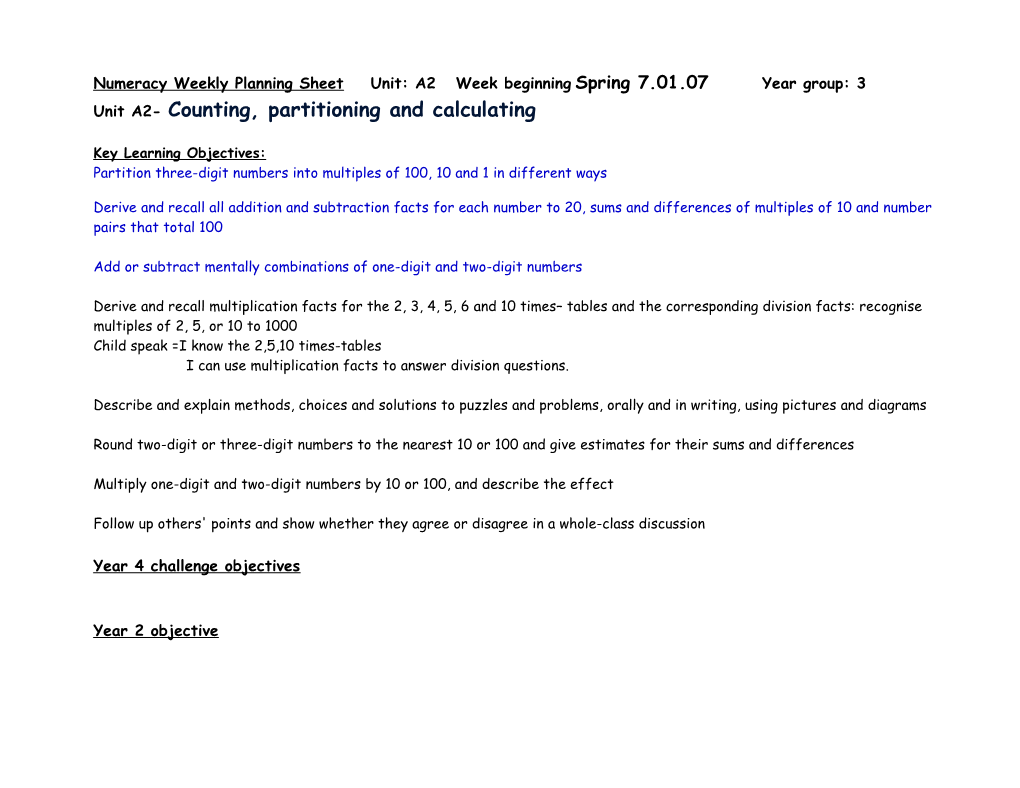 Numeracy Weekly Planning Sheet Unit:A2 Week Beginningspring 7.01.07 Year Group: 3