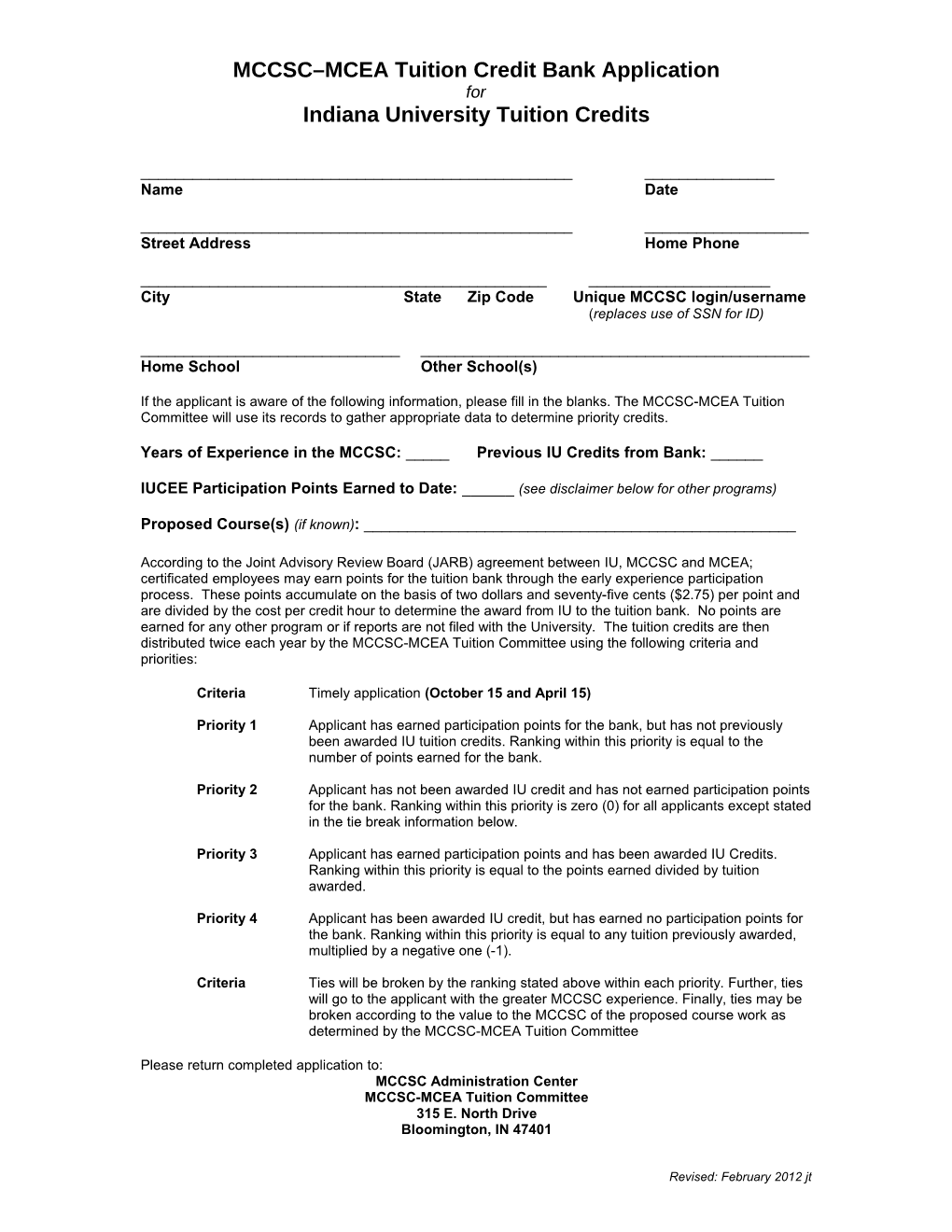MCCSC MCEA Tuition Credit Bank Application
