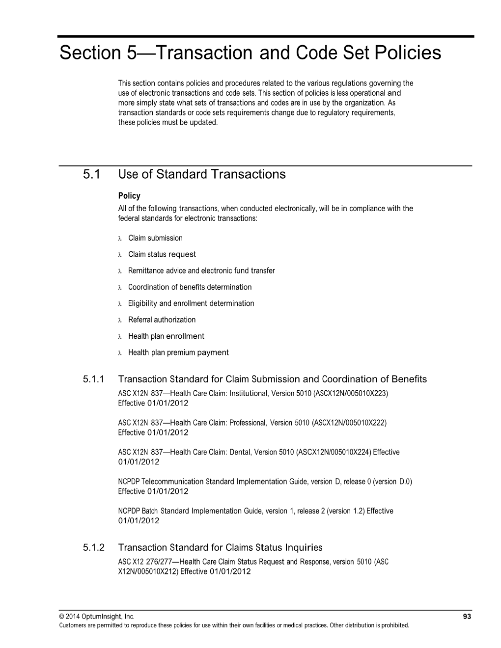 Section 5 Transaction and Code Set Policies