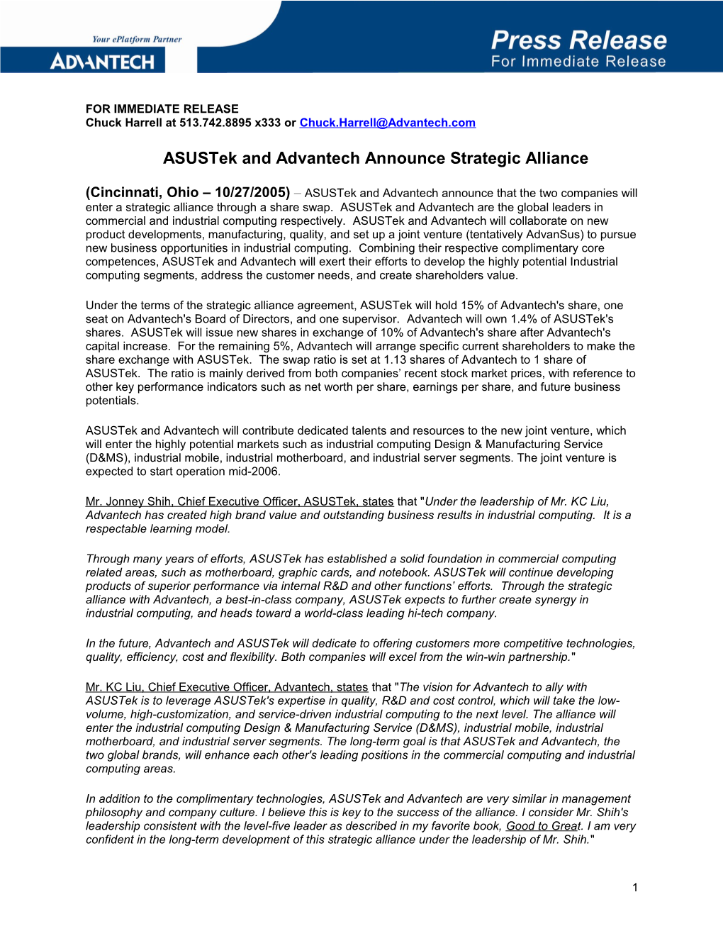 Asustek and Advantech Announce Strategic Alliance