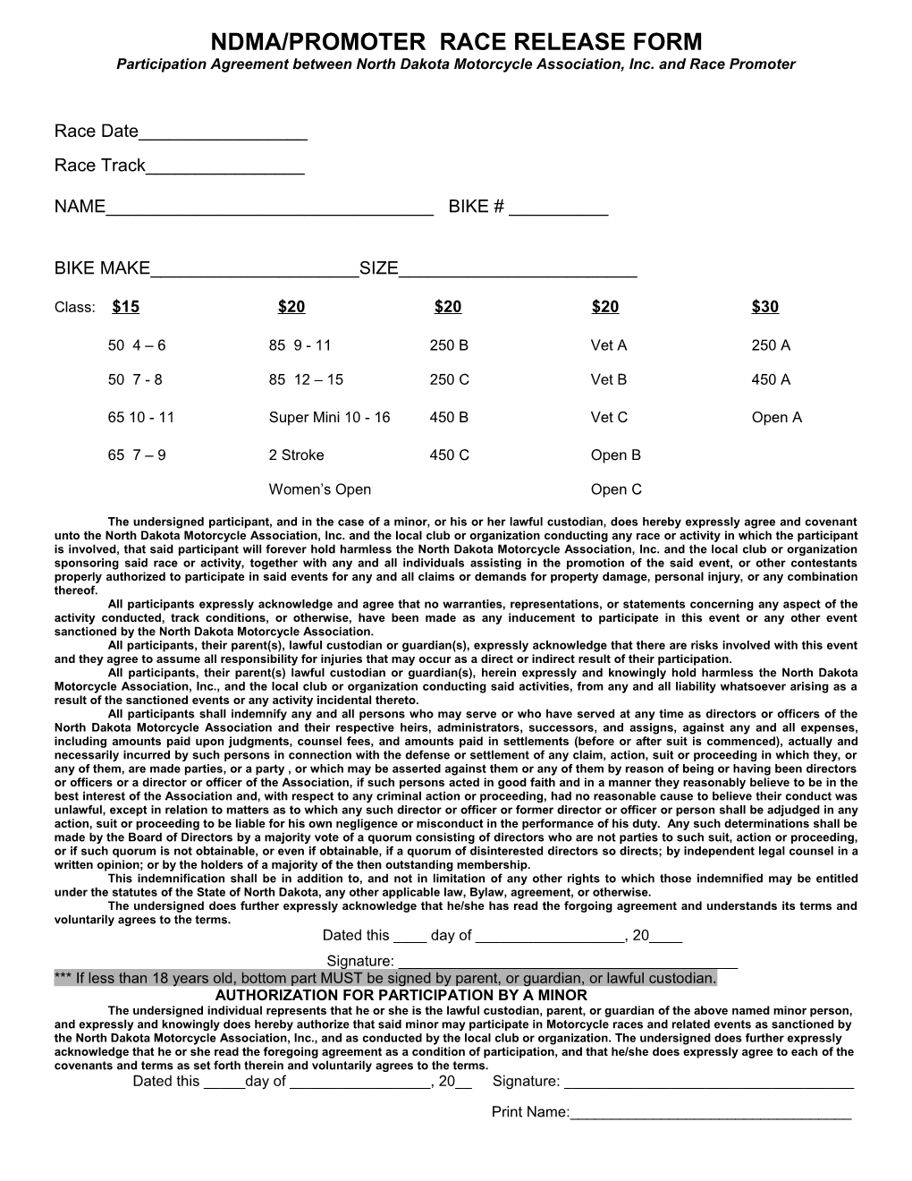 2009 Ndma/Promoter Race Release Form