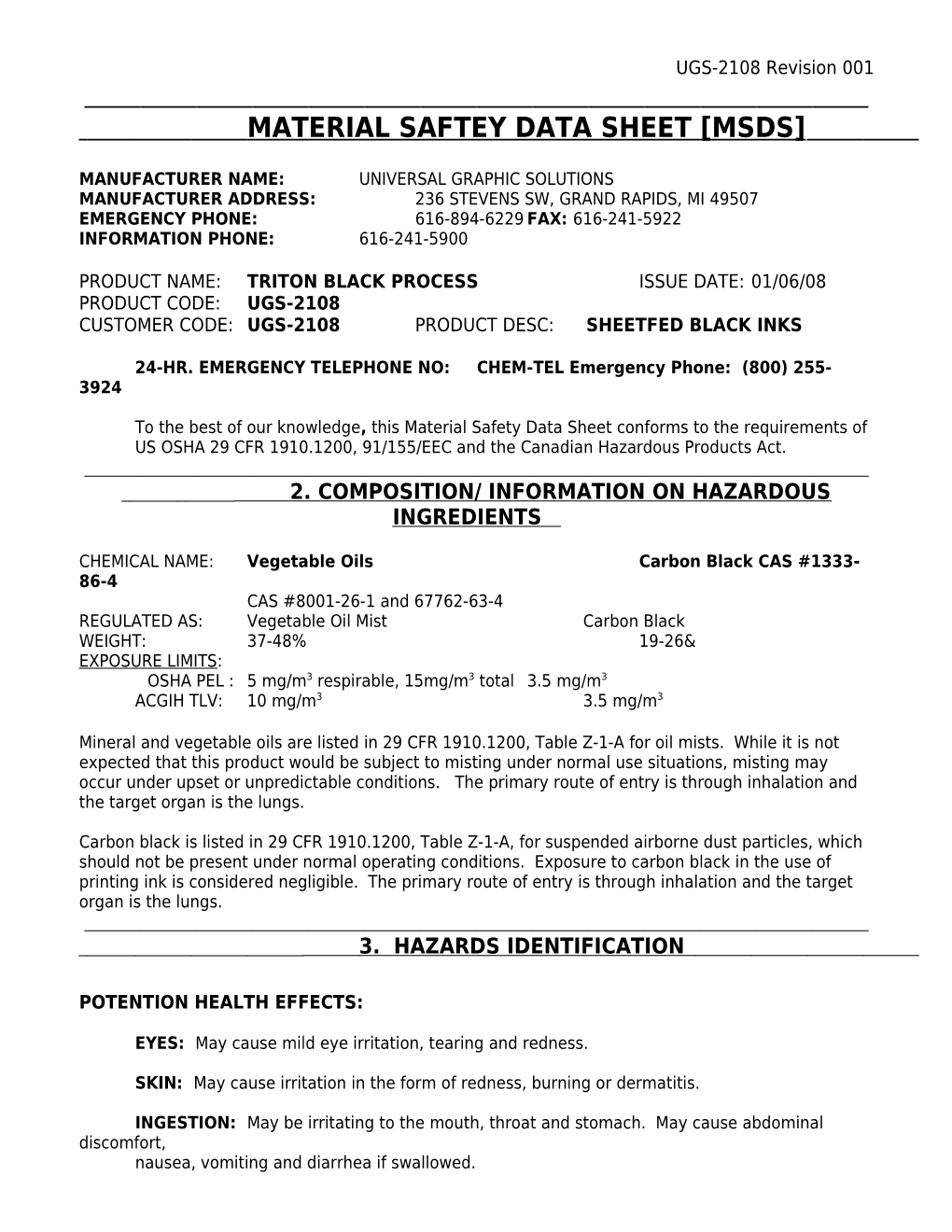 AG3229, MSDS:OSHA-20 Page 1 of 2