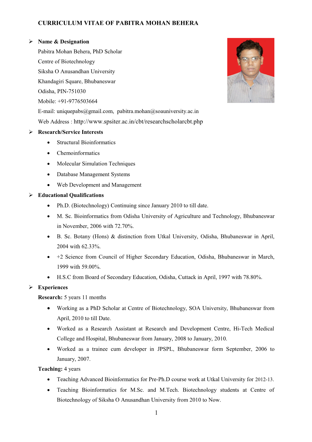 Curriculum Vitae of Pabitra Mohan Behera