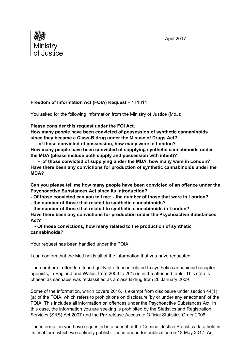 FOI 111314 Possession of Synthetic Cannabinoids Convictions