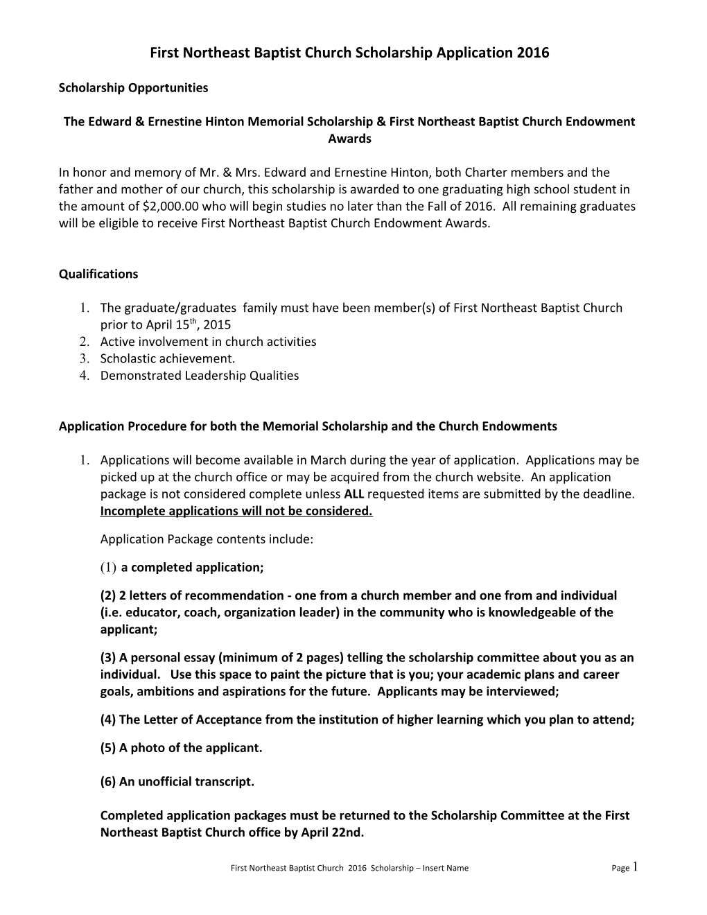 United Methodist Church Scholarship Application 2014 - 2015