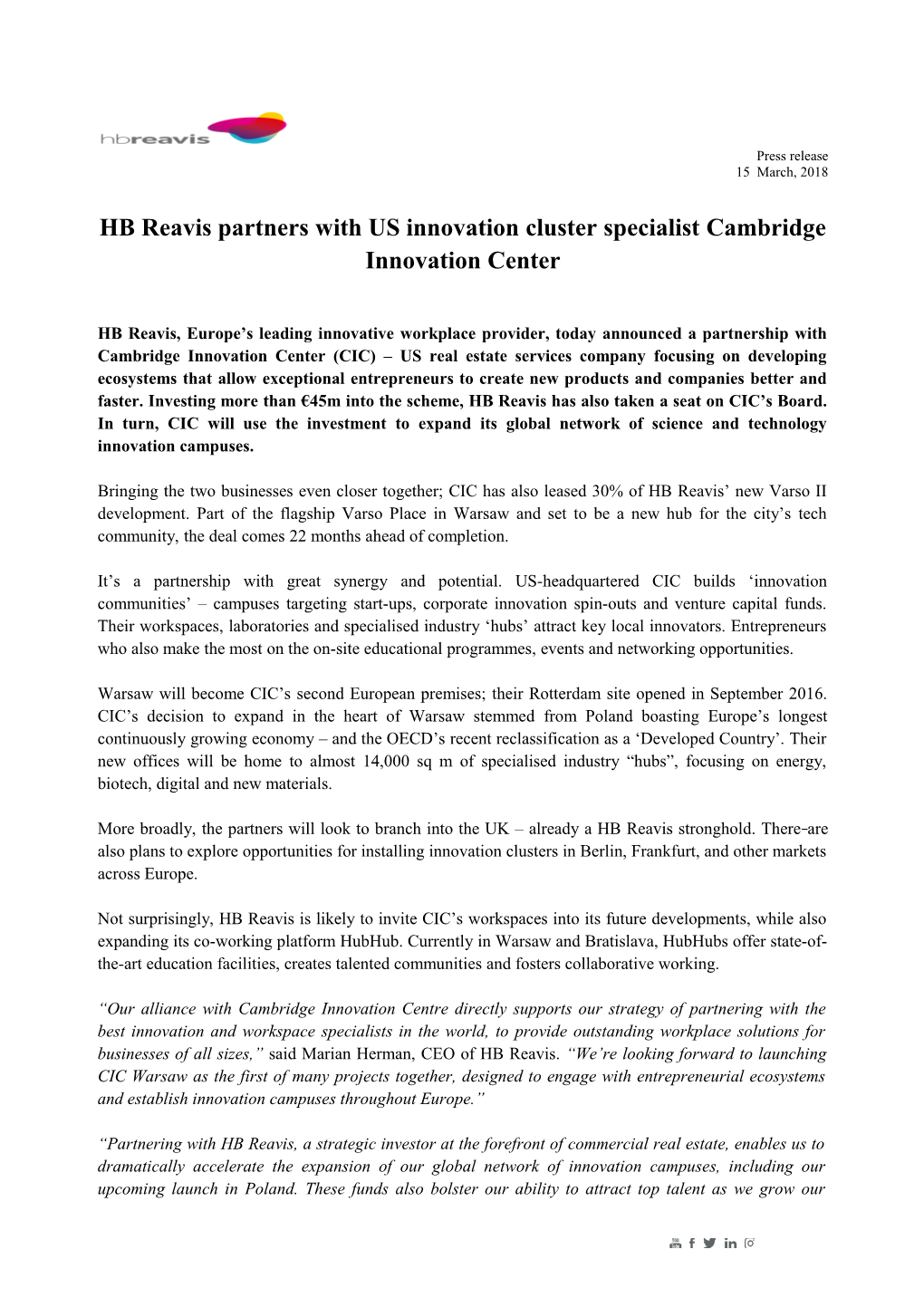 HB Reavis Partners with US Innovation Cluster Specialist Cambridge Innovation Center