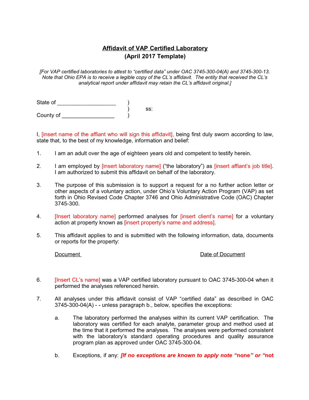 Affidavit by Certified Lab Pursuant to OAC 3745-300-13(M)