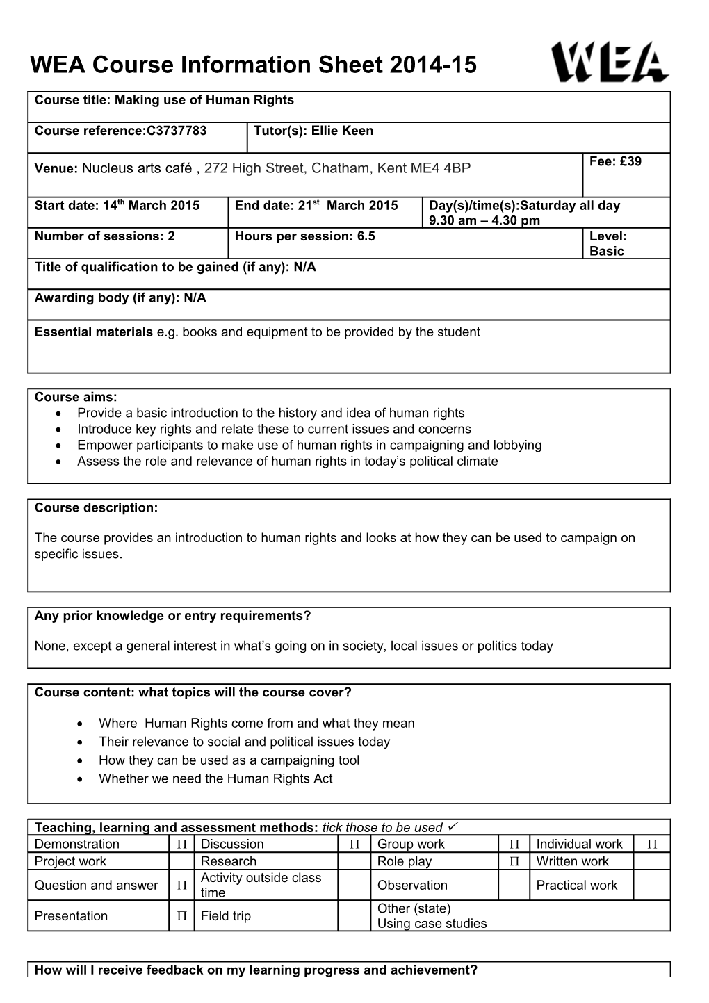 WEA Course Information Sheet 2014-15