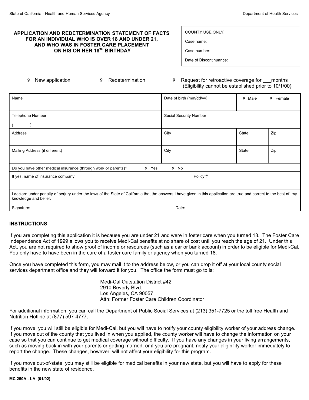 MC 250 a - State of California - Health and Human Services Agency