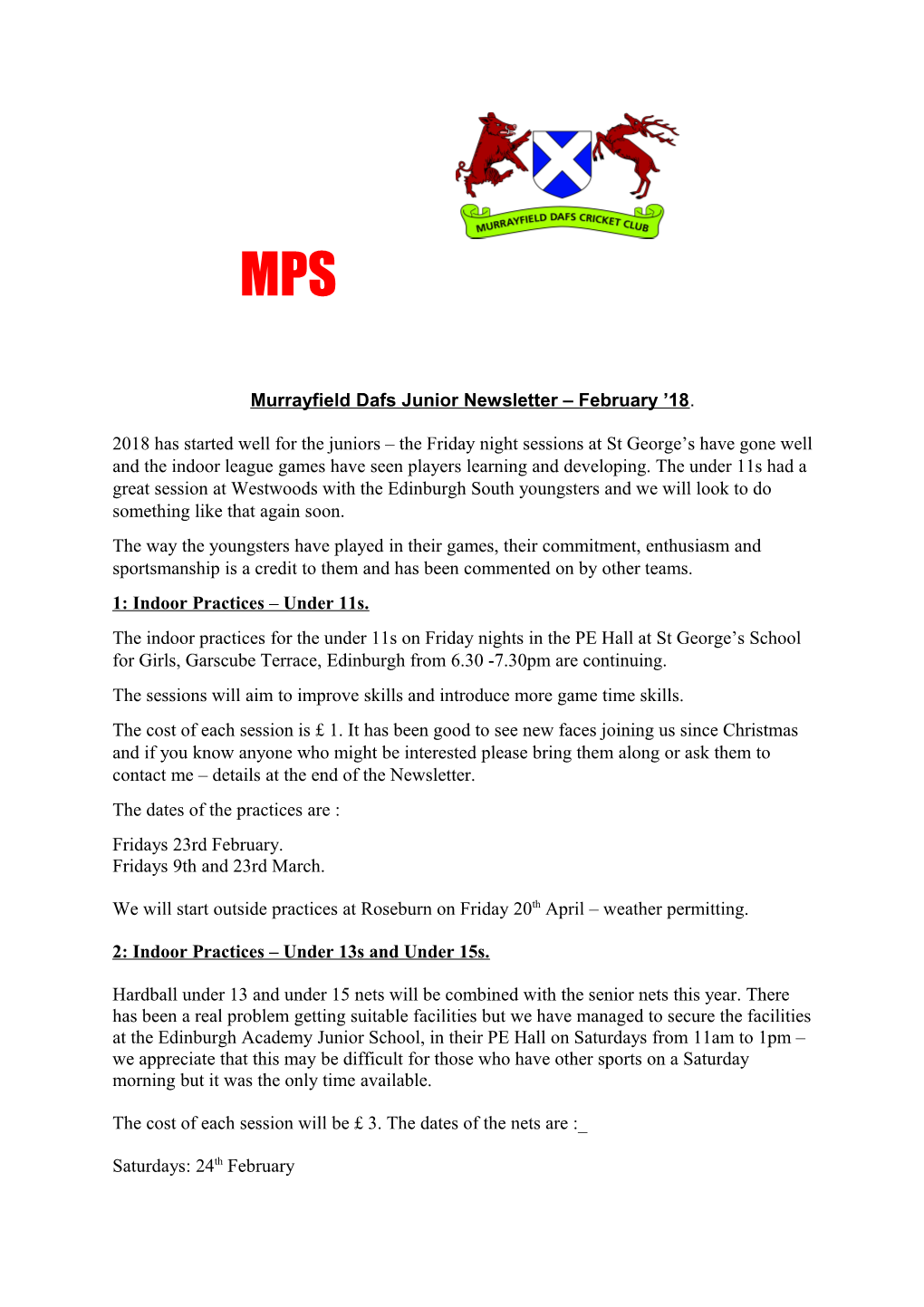 Murrayfield Dafs Junior Newsletter February 18