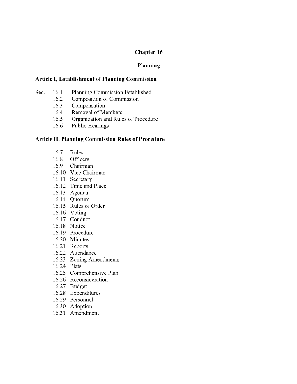 Article I, Establishment of Planning Commission