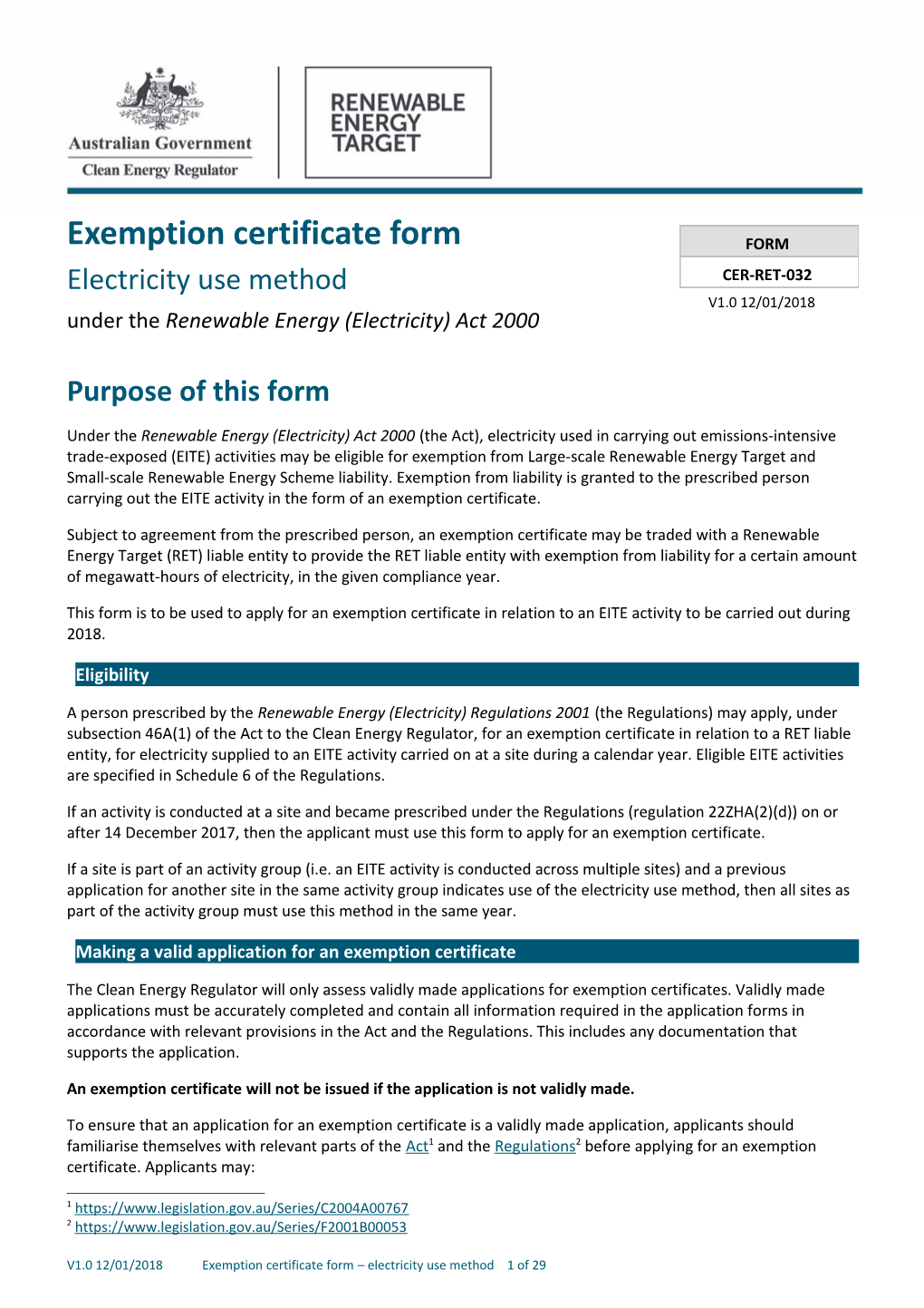 CER-RET-032 Exemption Certificate Form - Electricity Use Method