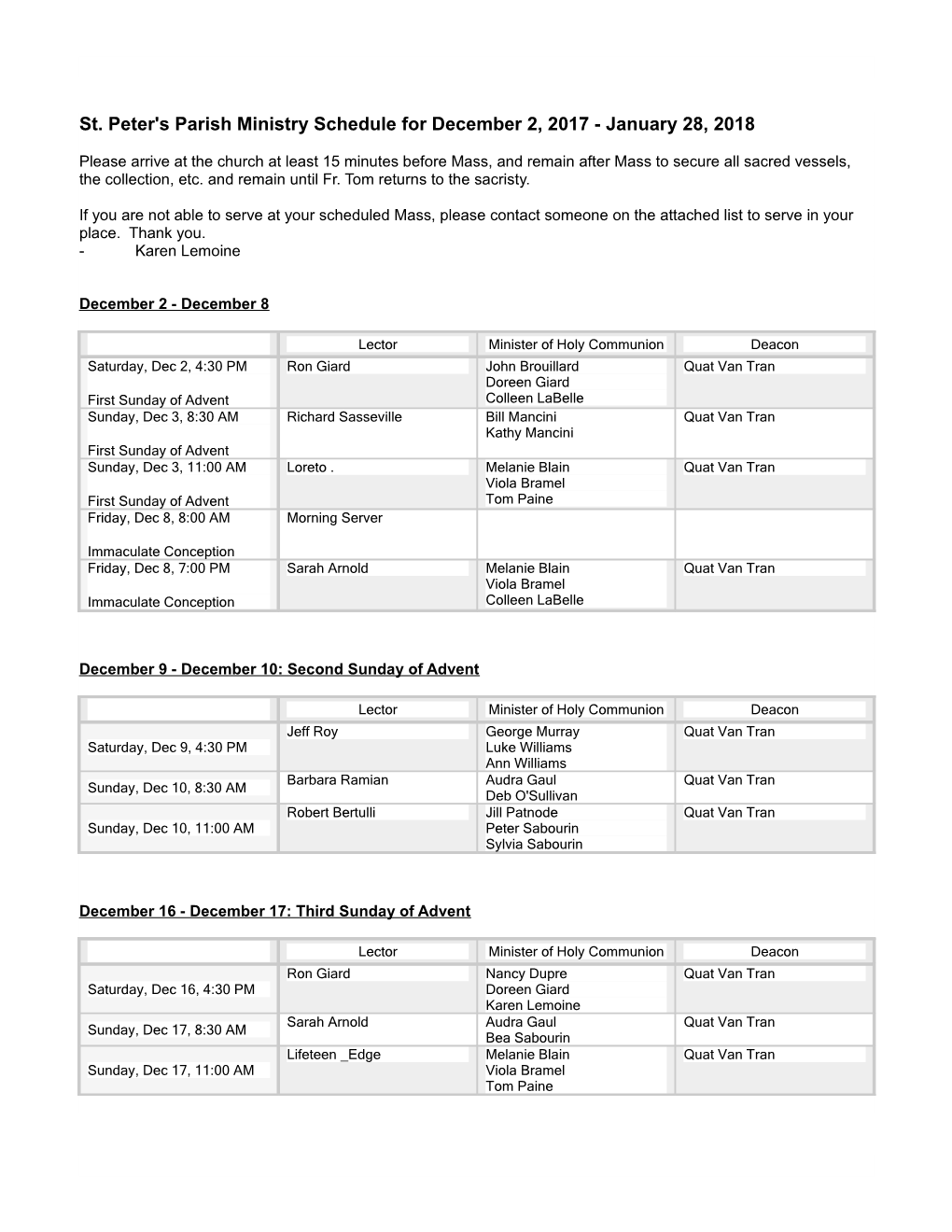 St. Peter's Parish Ministry Schedule for December 2, 2017 - January 28, 2018