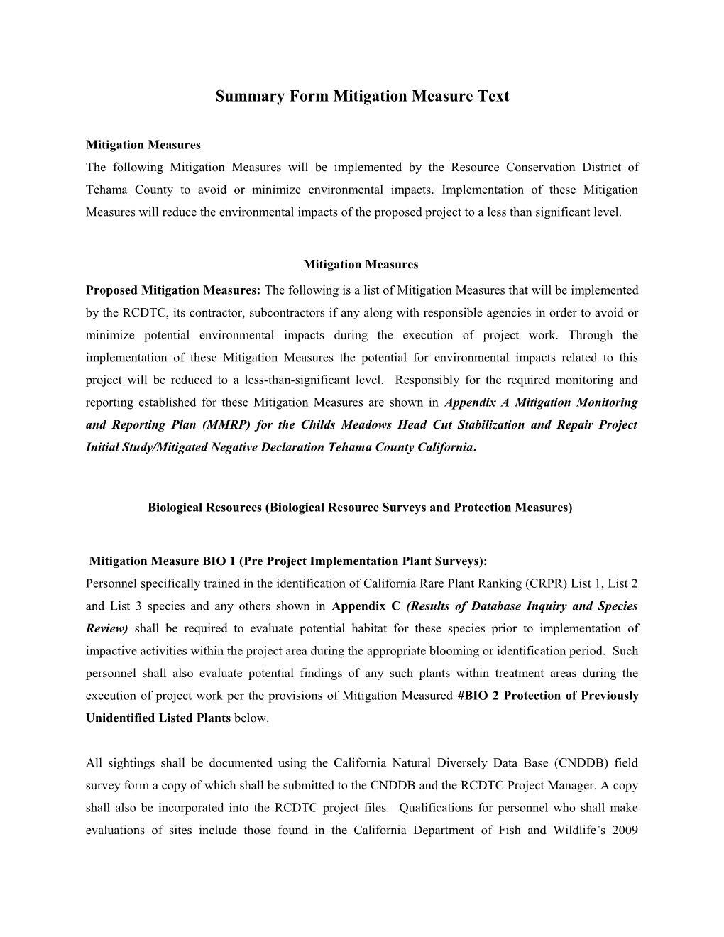 Summary Form Mitigation Measure Text