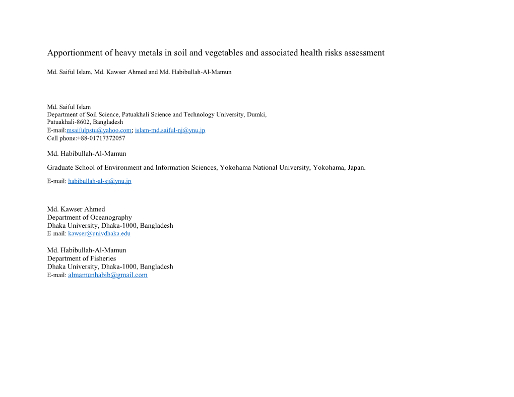 Apportionment of Heavy Metals in Soil and Vegetables and Associated Health Risks Assessment