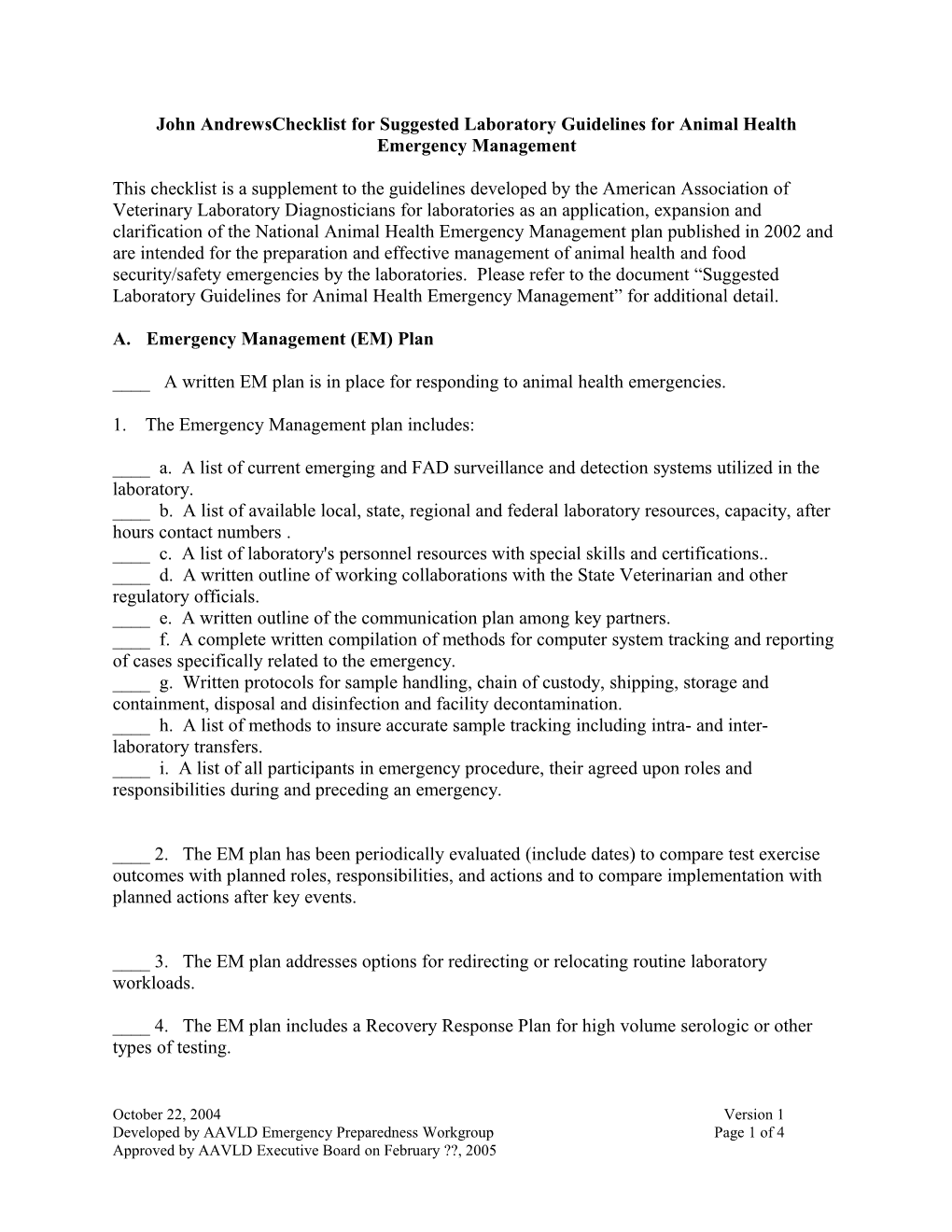 Checklist for Suggested Laboratory Guidelines for Animal Health Emergency Management