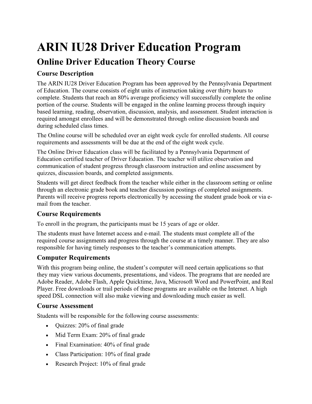 ARIN IU28 Driver Education Program