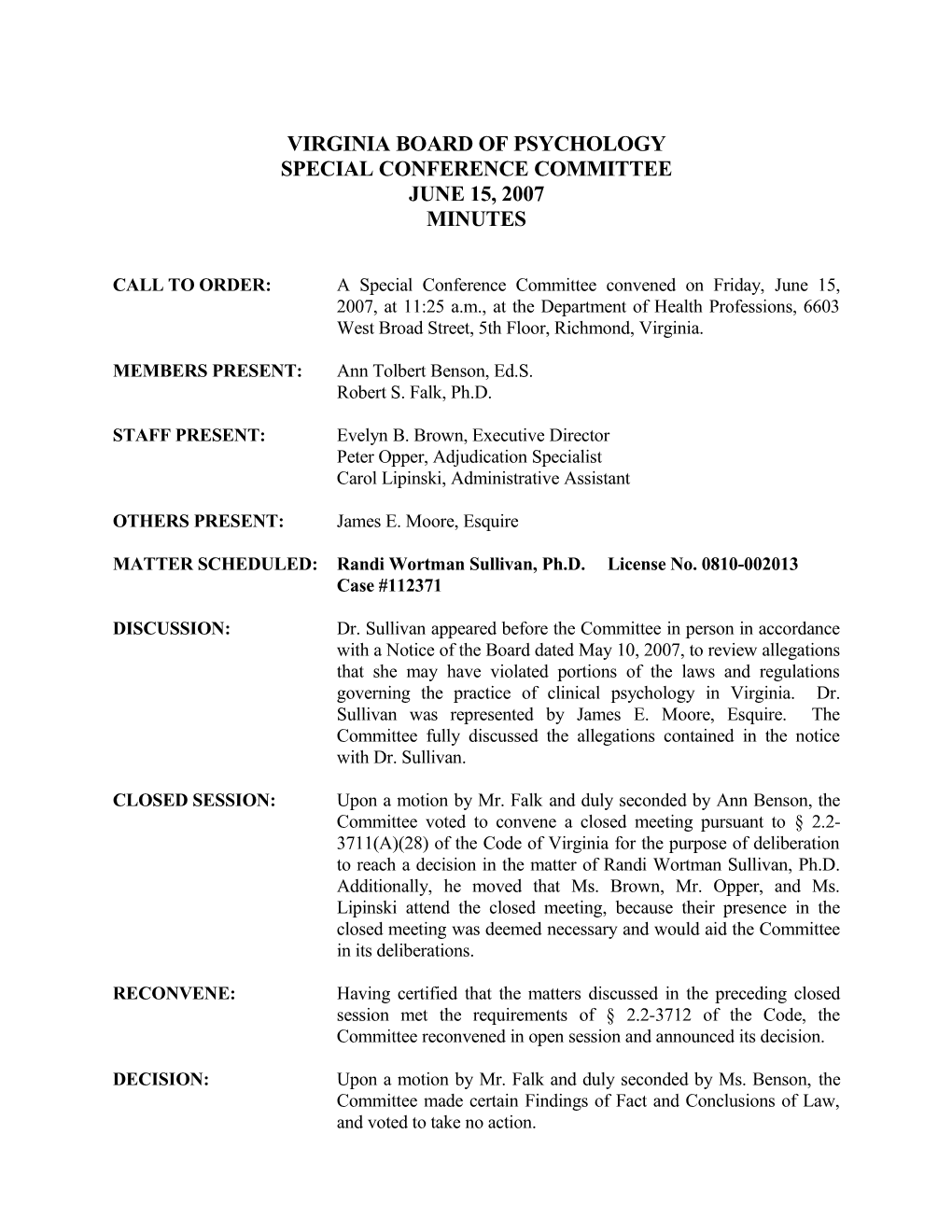 Psychology - Approved Minutes of June 15, 2007, Special Conference Committee