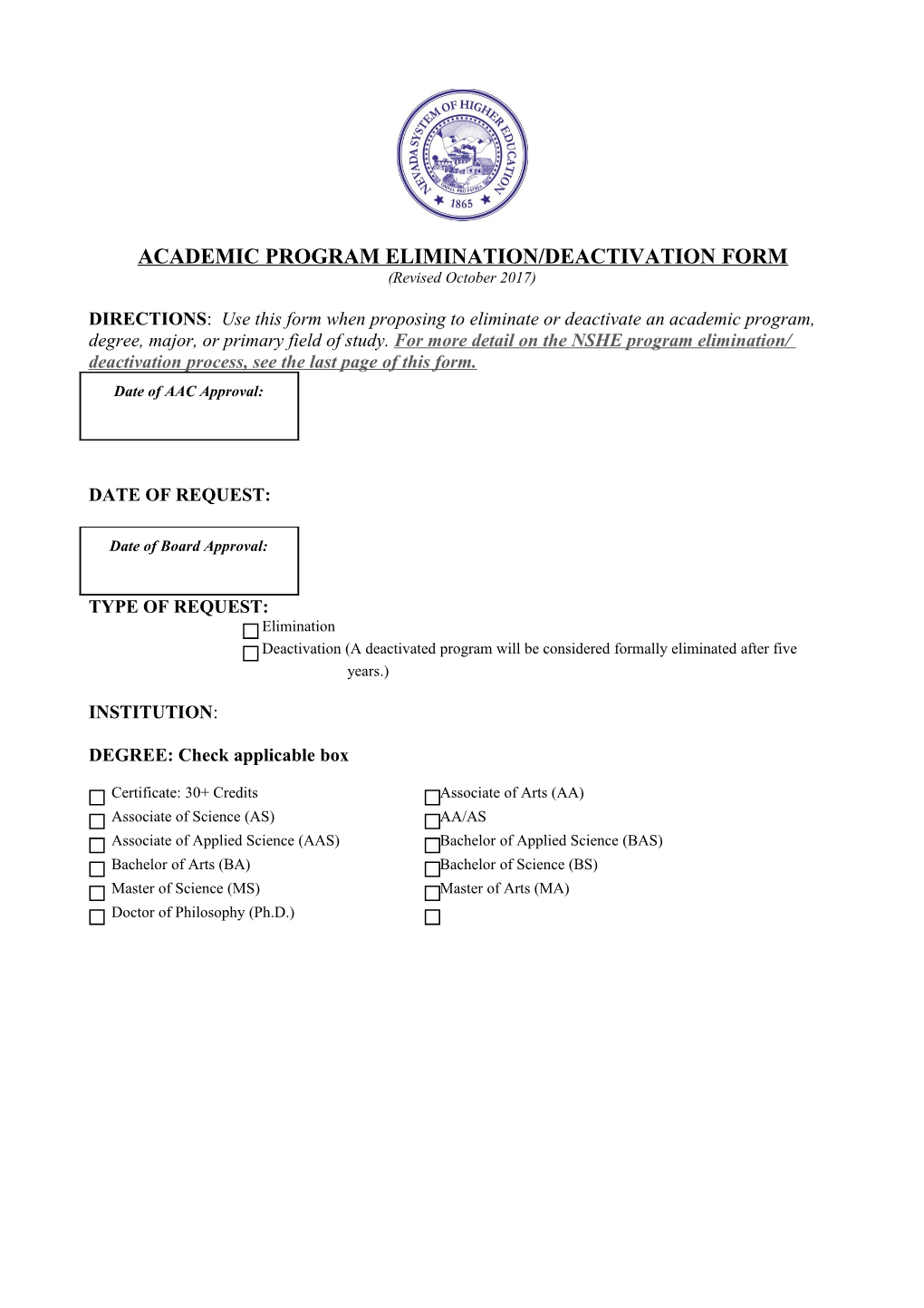 Academic Program Elimination/Deactivation Form