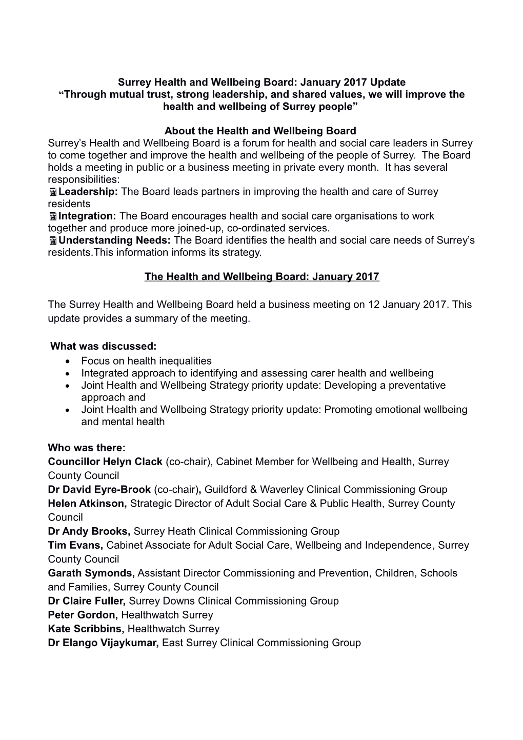 Surrey Health and Wellbeing Board: January 2017 Update