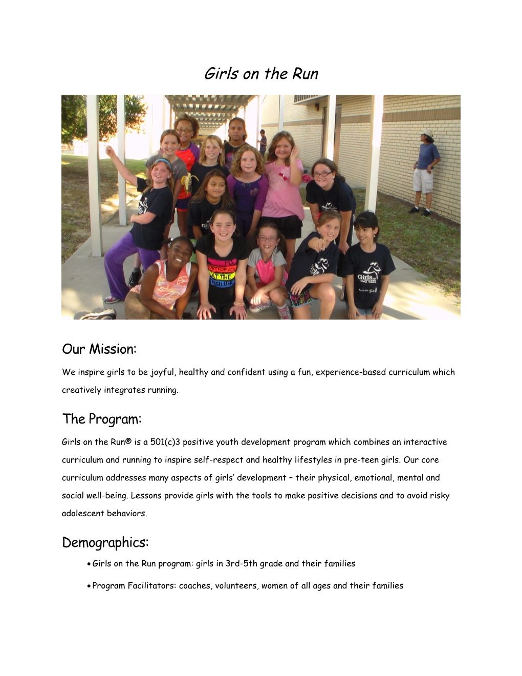 Girls on the Run Program: Girls in 3Rd-5Th Grade and Their Families