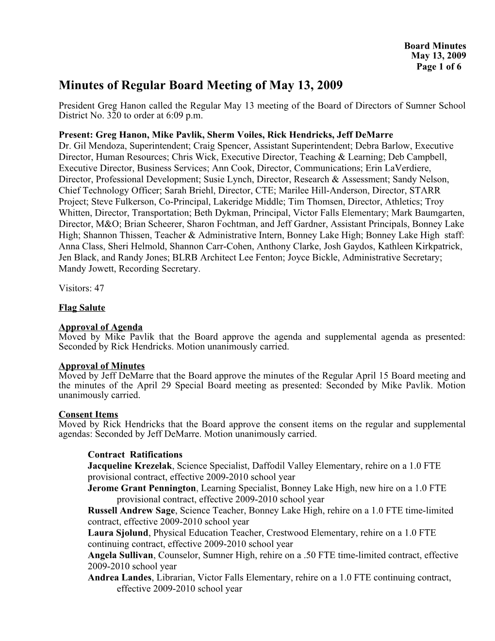 Minutes of Regular Board Meeting of May 13, 2009