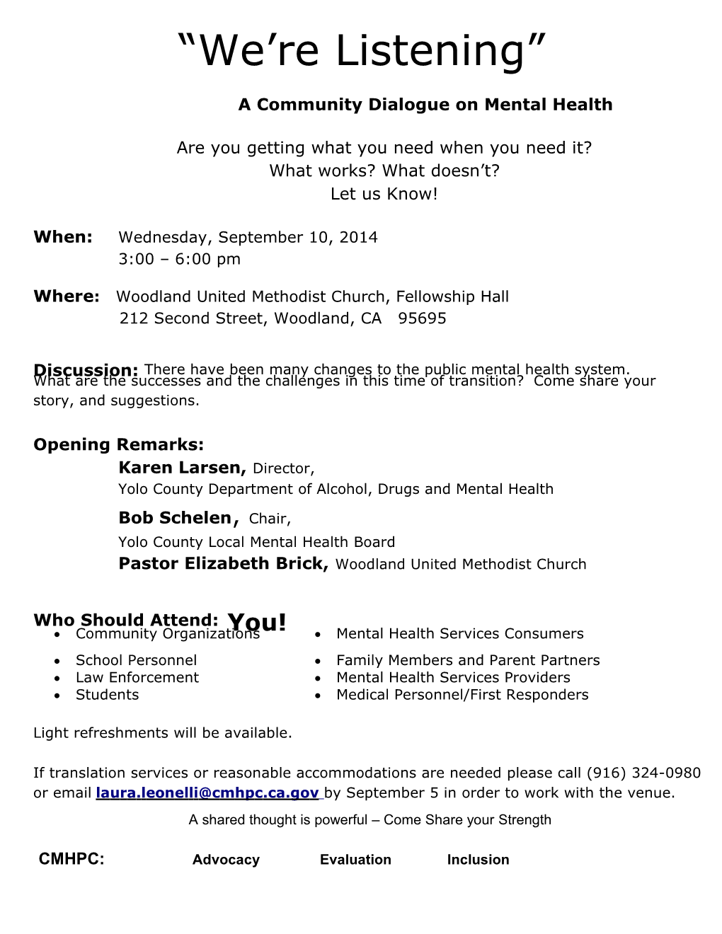 CMHPC Woodland Community Mental Health Forum Flyer in Spanish and English