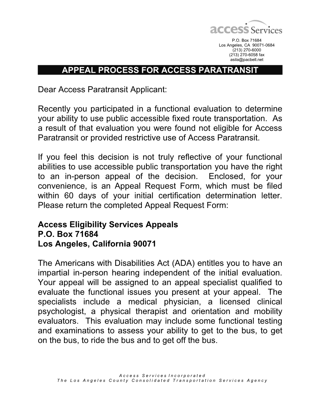 Appeal Process for Access Paratransit