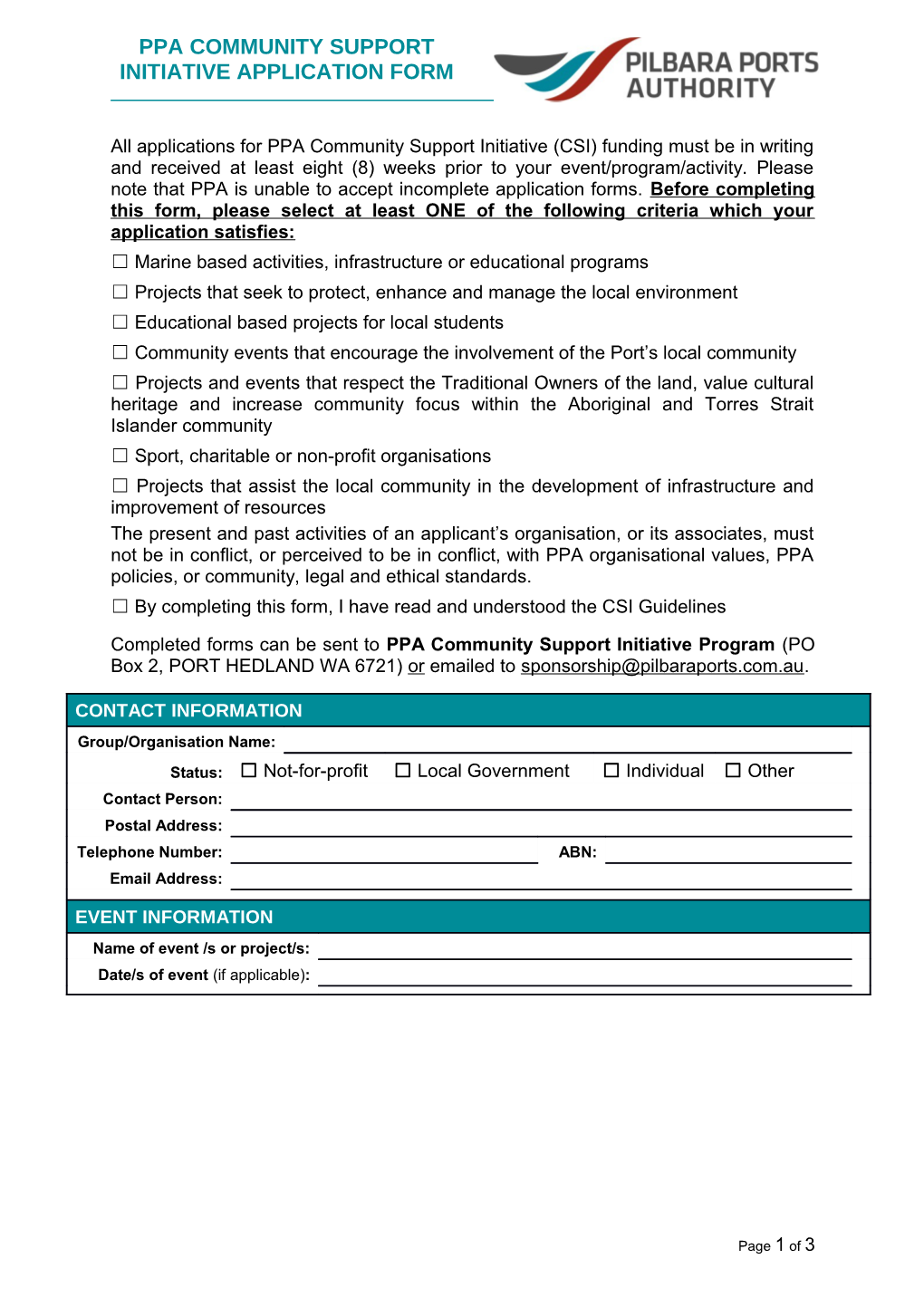 PPA Community Support Initiative Application Form